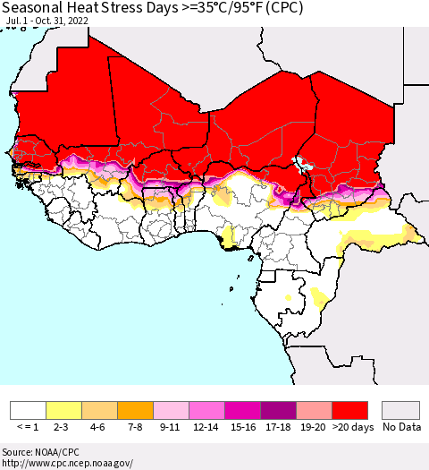 Western Africa Seasonal Heat Stress Days >=35°C/95°F (CPC) Thematic Map For 7/1/2022 - 10/31/2022