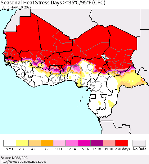 Western Africa Seasonal Heat Stress Days >=35°C/95°F (CPC) Thematic Map For 7/1/2022 - 11/10/2022