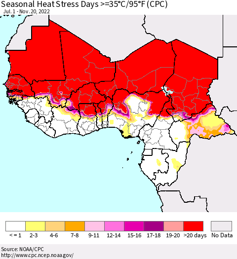 Western Africa Seasonal Heat Stress Days >=35°C/95°F (CPC) Thematic Map For 7/1/2022 - 11/20/2022