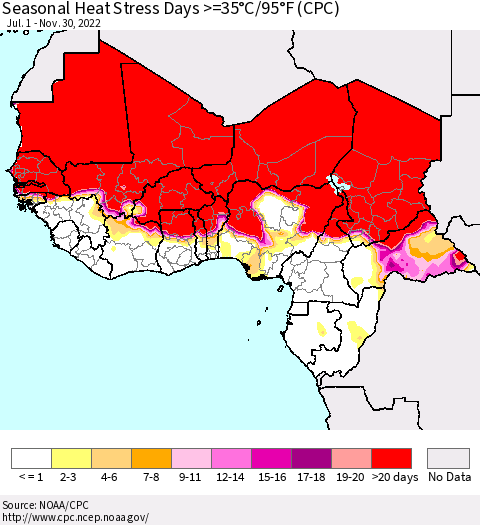 Western Africa Seasonal Heat Stress Days >=35°C/95°F (CPC) Thematic Map For 7/1/2022 - 11/30/2022