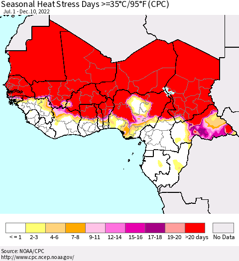 Western Africa Seasonal Heat Stress Days >=35°C/95°F (CPC) Thematic Map For 7/1/2022 - 12/10/2022