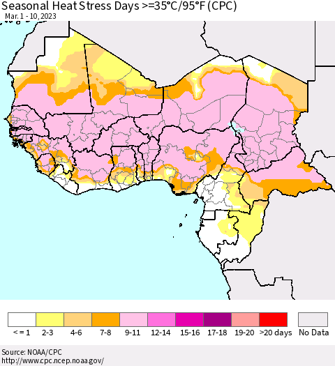 Western Africa Seasonal Heat Stress Days >=35°C/95°F (CPC) Thematic Map For 3/1/2023 - 3/10/2023