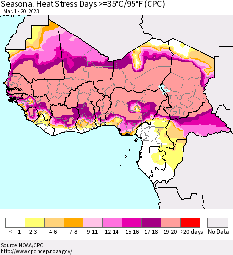 Western Africa Seasonal Heat Stress Days >=35°C/95°F (CPC) Thematic Map For 3/1/2023 - 3/20/2023