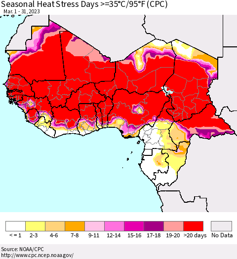 Western Africa Seasonal Heat Stress Days >=35°C/95°F (CPC) Thematic Map For 3/1/2023 - 3/31/2023