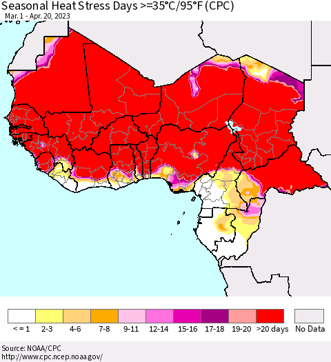 Western Africa Seasonal Heat Stress Days >=35°C/95°F (CPC) Thematic Map For 3/1/2023 - 4/20/2023