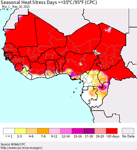 Western Africa Seasonal Heat Stress Days >=35°C/95°F (CPC) Thematic Map For 3/1/2023 - 5/20/2023