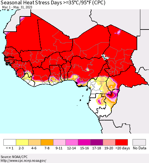 Western Africa Seasonal Heat Stress Days >=35°C/95°F (CPC) Thematic Map For 3/1/2023 - 5/31/2023