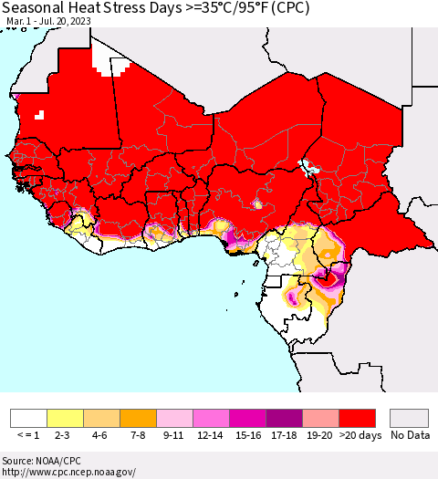 Western Africa Seasonal Heat Stress Days >=35°C/95°F (CPC) Thematic Map For 3/1/2023 - 7/20/2023