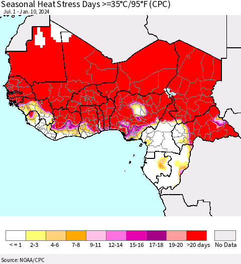 Western Africa Seasonal Heat Stress Days >=35°C/95°F (CPC) Thematic Map For 7/1/2023 - 1/10/2024