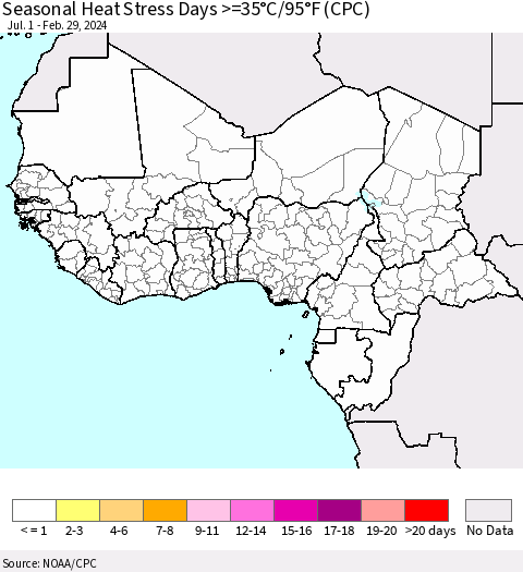 Western Africa Seasonal Heat Stress Days >=35°C/95°F (CPC) Thematic Map For 7/1/2023 - 2/29/2024