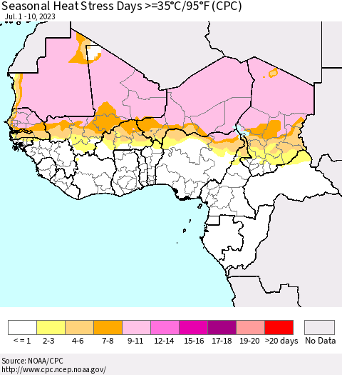Western Africa Seasonal Heat Stress Days >=35°C/95°F (CPC) Thematic Map For 7/1/2023 - 7/10/2023