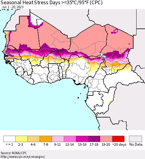 Western Africa Seasonal Heat Stress Days >=35°C/95°F (CPC) Thematic Map For 7/1/2023 - 7/20/2023