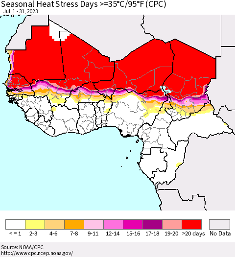Western Africa Seasonal Heat Stress Days >=35°C/95°F (CPC) Thematic Map For 7/1/2023 - 7/31/2023