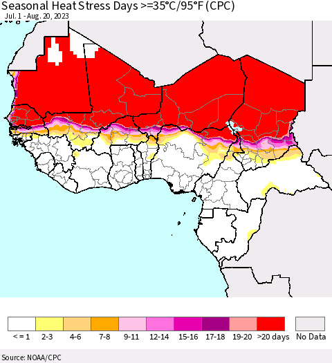 Western Africa Seasonal Heat Stress Days >=35°C/95°F (CPC) Thematic Map For 7/1/2023 - 8/20/2023