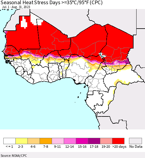 Western Africa Seasonal Heat Stress Days >=35°C/95°F (CPC) Thematic Map For 7/1/2023 - 8/31/2023