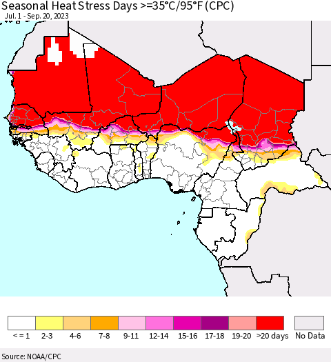 Western Africa Seasonal Heat Stress Days >=35°C/95°F (CPC) Thematic Map For 7/1/2023 - 9/20/2023