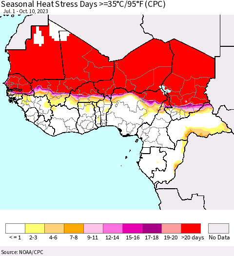 Western Africa Seasonal Heat Stress Days >=35°C/95°F (CPC) Thematic Map For 7/1/2023 - 10/10/2023