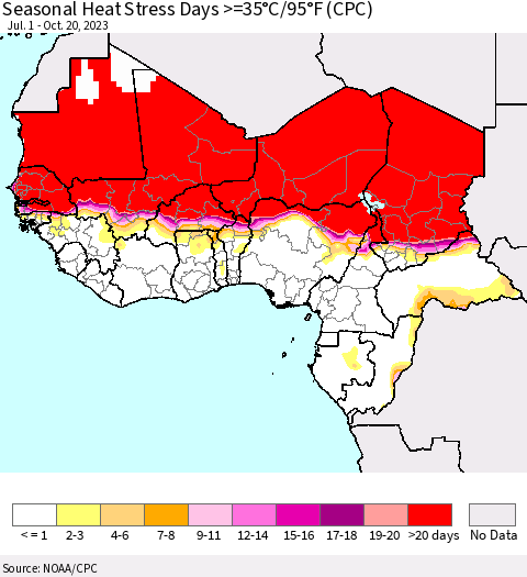 Western Africa Seasonal Heat Stress Days >=35°C/95°F (CPC) Thematic Map For 7/1/2023 - 10/20/2023