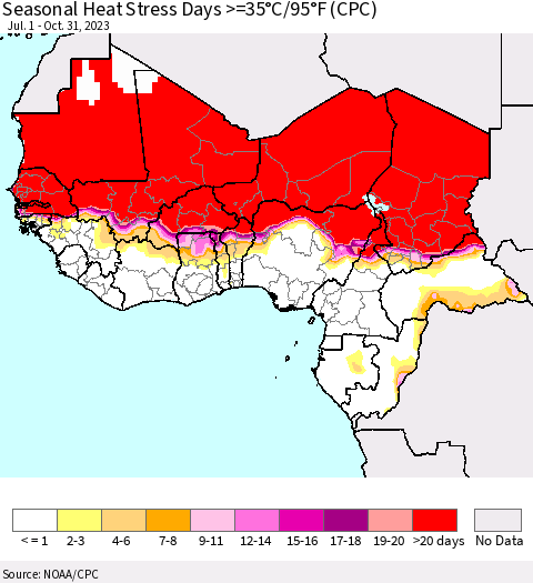 Western Africa Seasonal Heat Stress Days >=35°C/95°F (CPC) Thematic Map For 7/1/2023 - 10/31/2023