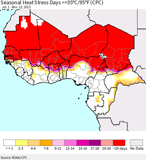 Western Africa Seasonal Heat Stress Days >=35°C/95°F (CPC) Thematic Map For 7/1/2023 - 11/10/2023