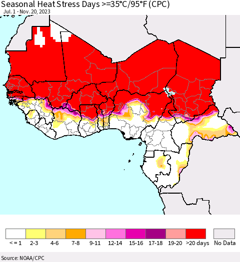 Western Africa Seasonal Heat Stress Days >=35°C/95°F (CPC) Thematic Map For 7/1/2023 - 11/20/2023