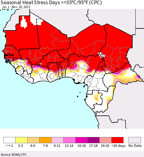 Western Africa Seasonal Heat Stress Days >=35°C/95°F (CPC) Thematic Map For 7/1/2023 - 11/30/2023