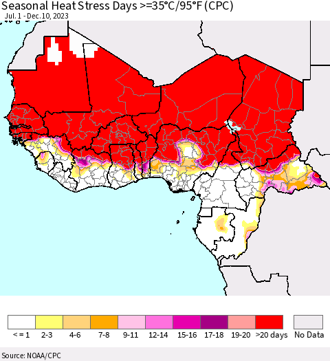 Western Africa Seasonal Heat Stress Days >=35°C/95°F (CPC) Thematic Map For 7/1/2023 - 12/10/2023