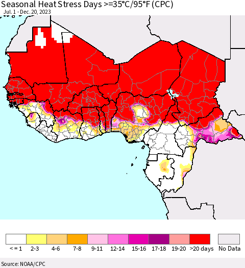 Western Africa Seasonal Heat Stress Days >=35°C/95°F (CPC) Thematic Map For 7/1/2023 - 12/20/2023