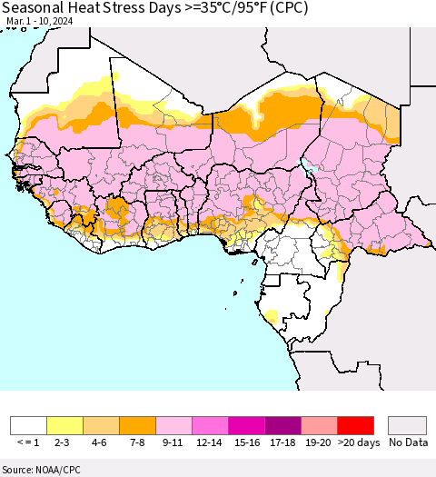 Western Africa Seasonal Heat Stress Days >=35°C/95°F (CPC) Thematic Map For 3/1/2024 - 3/10/2024
