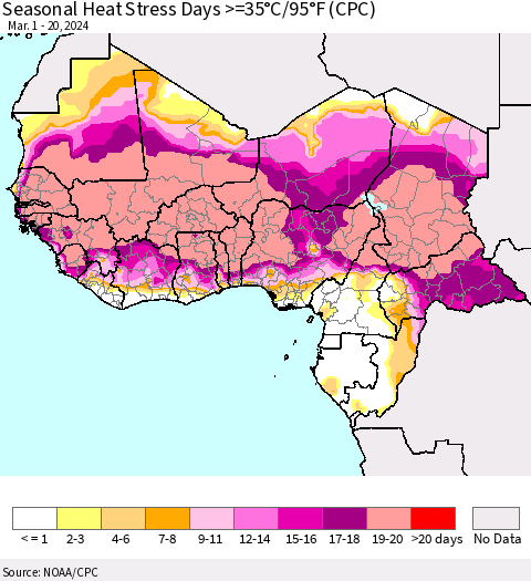 Western Africa Seasonal Heat Stress Days >=35°C/95°F (CPC) Thematic Map For 3/1/2024 - 3/20/2024