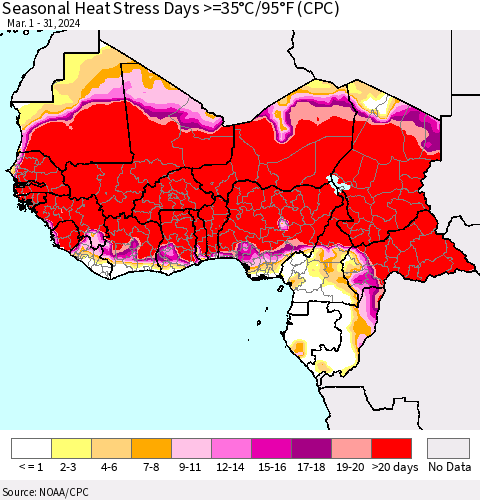 Western Africa Seasonal Heat Stress Days >=35°C/95°F (CPC) Thematic Map For 3/1/2024 - 3/31/2024