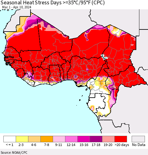 Western Africa Seasonal Heat Stress Days >=35°C/95°F (CPC) Thematic Map For 3/1/2024 - 4/10/2024