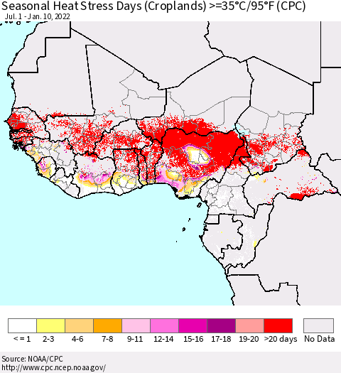 Western Africa Seasonal Heat Stress Days (Croplands) >=35°C/95°F (CPC) Thematic Map For 7/1/2021 - 1/10/2022