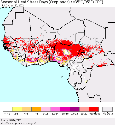 Western Africa Seasonal Heat Stress Days (Croplands) >=35°C/95°F (CPC) Thematic Map For 7/1/2021 - 1/20/2022