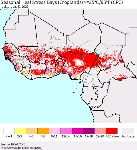 Western Africa Seasonal Heat Stress Days (Croplands) >=35°C/95°F (CPC) Thematic Map For 7/1/2021 - 1/31/2022