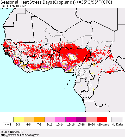 Western Africa Seasonal Heat Stress Days (Croplands) >=35°C/95°F (CPC) Thematic Map For 7/1/2021 - 2/10/2022