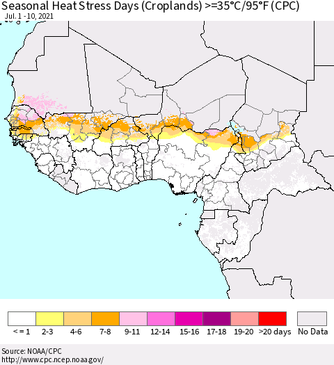 Western Africa Seasonal Heat Stress Days (Croplands) >=35°C/95°F (CPC) Thematic Map For 7/1/2021 - 7/10/2021