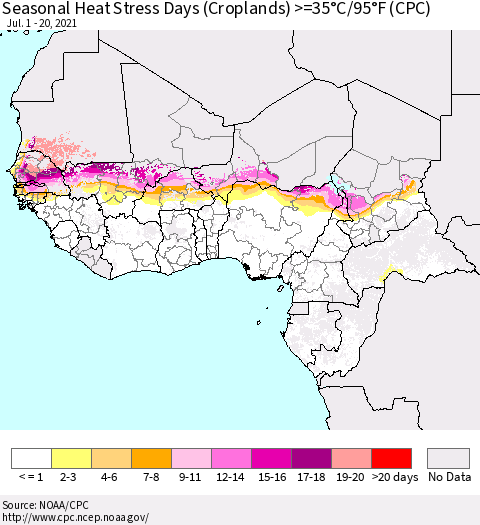 Western Africa Seasonal Heat Stress Days (Croplands) >=35°C/95°F (CPC) Thematic Map For 7/1/2021 - 7/20/2021