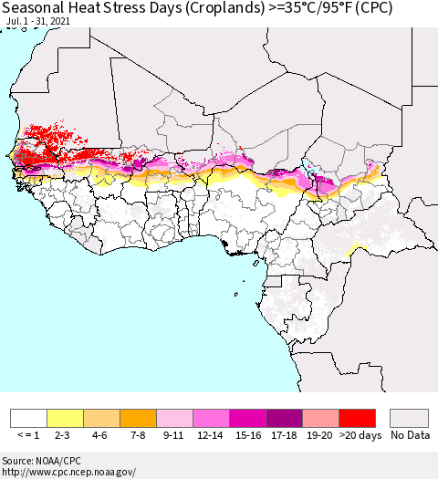 Western Africa Seasonal Heat Stress Days (Croplands) >=35°C/95°F (CPC) Thematic Map For 7/1/2021 - 7/31/2021