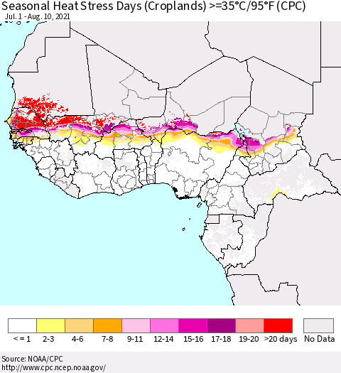 Western Africa Seasonal Heat Stress Days (Croplands) >=35°C/95°F (CPC) Thematic Map For 7/1/2021 - 8/10/2021