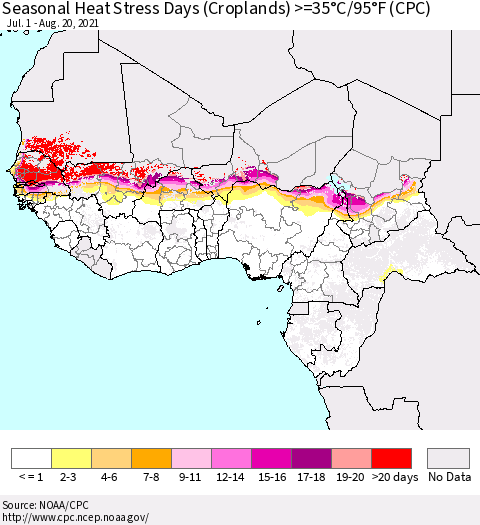Western Africa Seasonal Heat Stress Days (Croplands) >=35°C/95°F (CPC) Thematic Map For 7/1/2021 - 8/20/2021