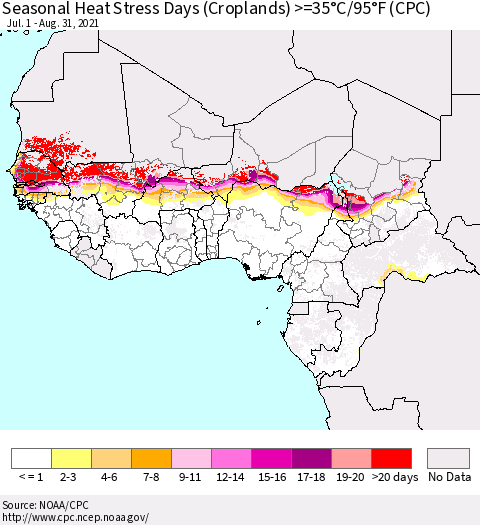 Western Africa Seasonal Heat Stress Days (Croplands) >=35°C/95°F (CPC) Thematic Map For 7/1/2021 - 8/31/2021