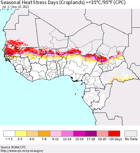 Western Africa Seasonal Heat Stress Days (Croplands) >=35°C/95°F (CPC) Thematic Map For 7/1/2021 - 9/10/2021