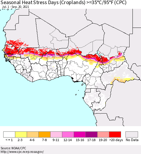 Western Africa Seasonal Heat Stress Days (Croplands) >=35°C/95°F (CPC) Thematic Map For 7/1/2021 - 9/20/2021
