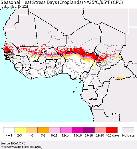 Western Africa Seasonal Heat Stress Days (Croplands) >=35°C/95°F (CPC) Thematic Map For 7/1/2021 - 9/30/2021