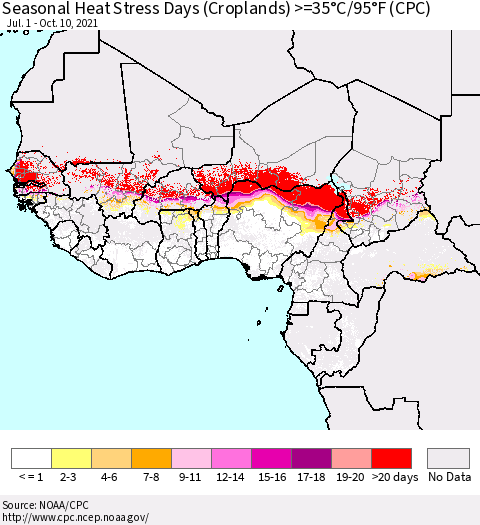 Western Africa Seasonal Heat Stress Days (Croplands) >=35°C/95°F (CPC) Thematic Map For 7/1/2021 - 10/10/2021