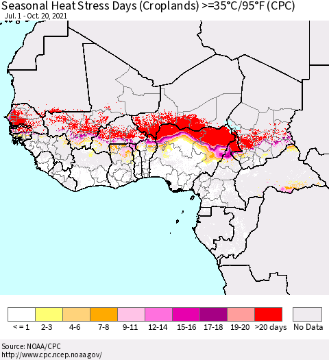 Western Africa Seasonal Heat Stress Days (Croplands) >=35°C/95°F (CPC) Thematic Map For 7/1/2021 - 10/20/2021