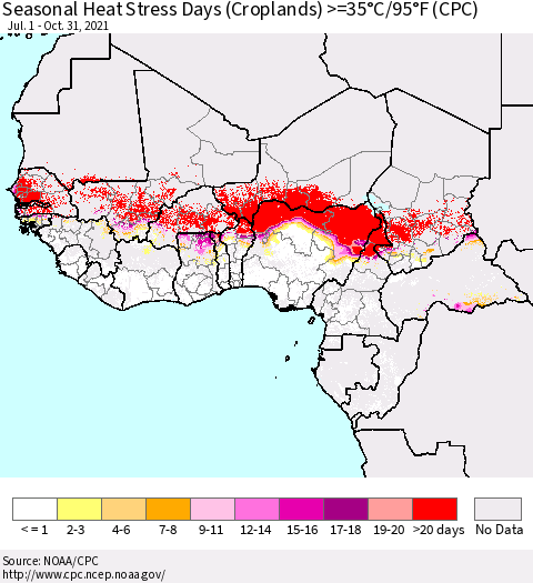 Western Africa Seasonal Heat Stress Days (Croplands) >=35°C/95°F (CPC) Thematic Map For 7/1/2021 - 10/31/2021