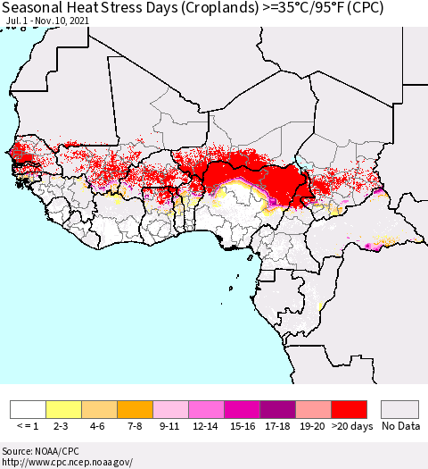 Western Africa Seasonal Heat Stress Days (Croplands) >=35°C/95°F (CPC) Thematic Map For 7/1/2021 - 11/10/2021