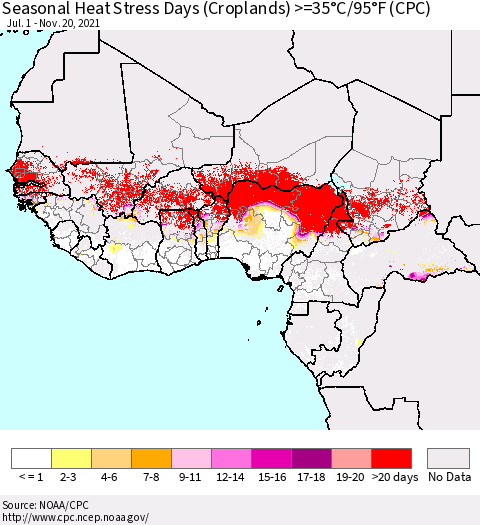 Western Africa Seasonal Heat Stress Days (Croplands) >=35°C/95°F (CPC) Thematic Map For 7/1/2021 - 11/20/2021